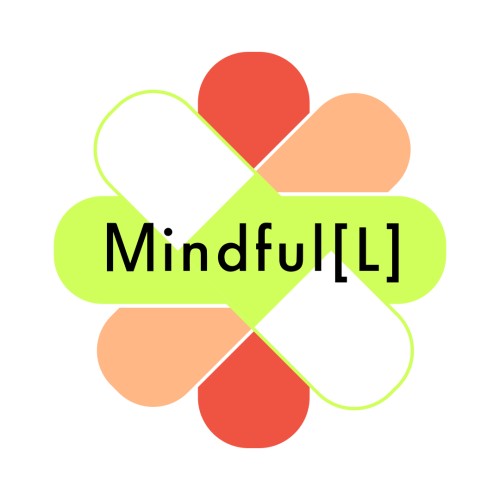 Logo des Vereins Mindful[L] aus überlappenden stilisierten Pflastern in rot, rosa, weiß und grün