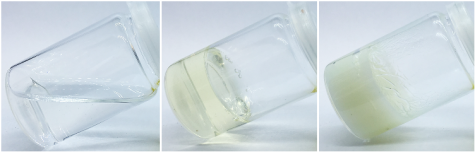 left: aqueous solution of keto-HPC; middle: water-stable hydrogel made of keto-HPC, right: solid, thermo-responsive hydrogel made of keto-HPC.